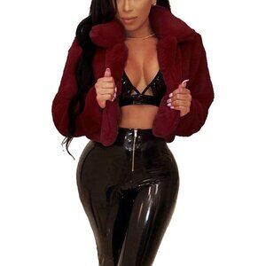 Women's Winter Faux Fur Long Sleeve Jacket Shaggy Open Front Cardigan Wine Red